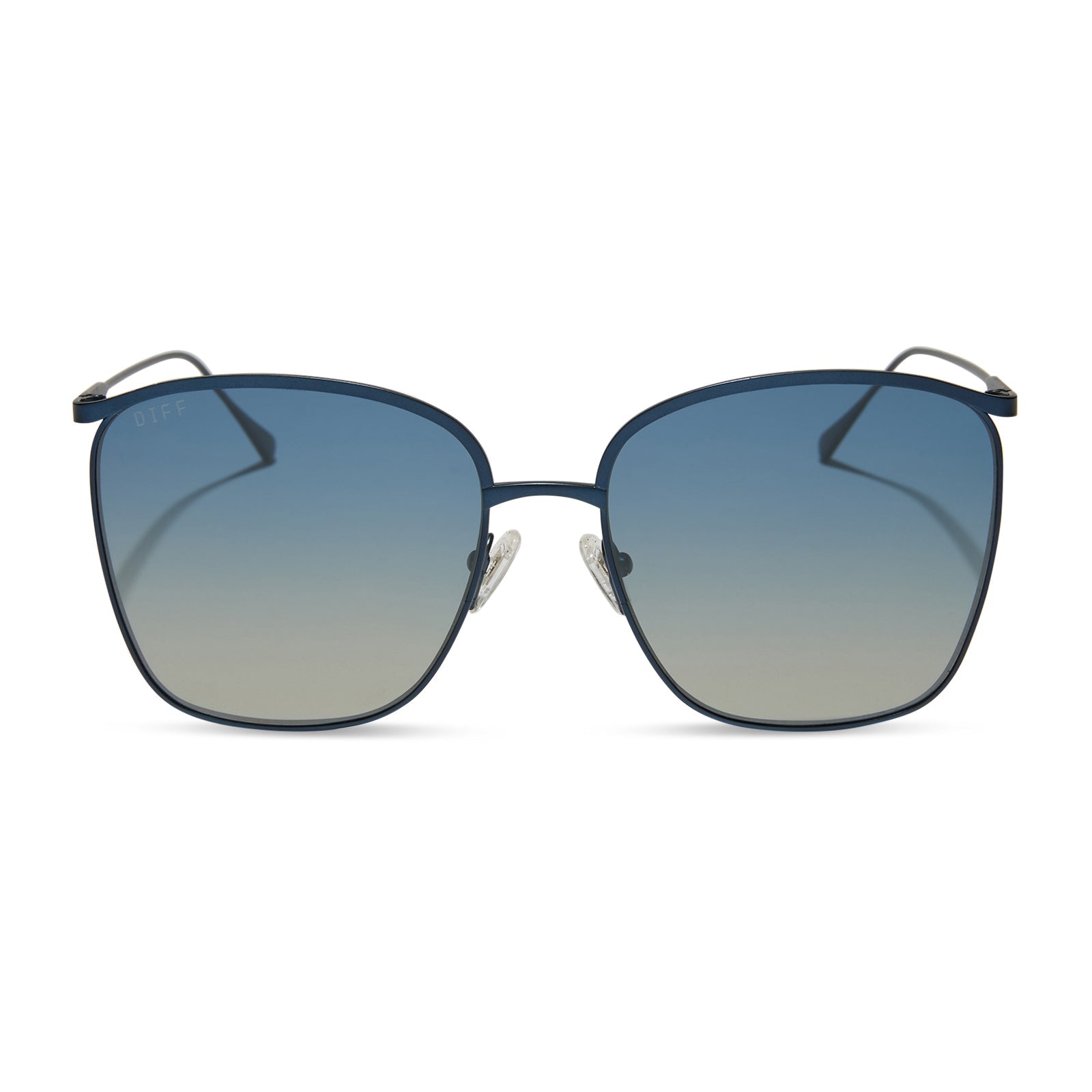 diff eyewear featuring the vittoria square sunglasses with a deep navy metal frame and aegean blue flash polarized lenses front view