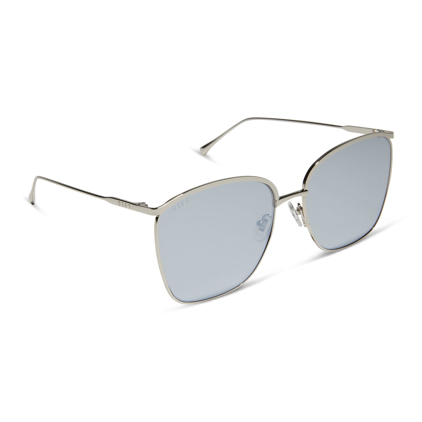 diff eyewear vittoria square oversized sunglasses with a silver metal frame and silver mirror lenses angled view