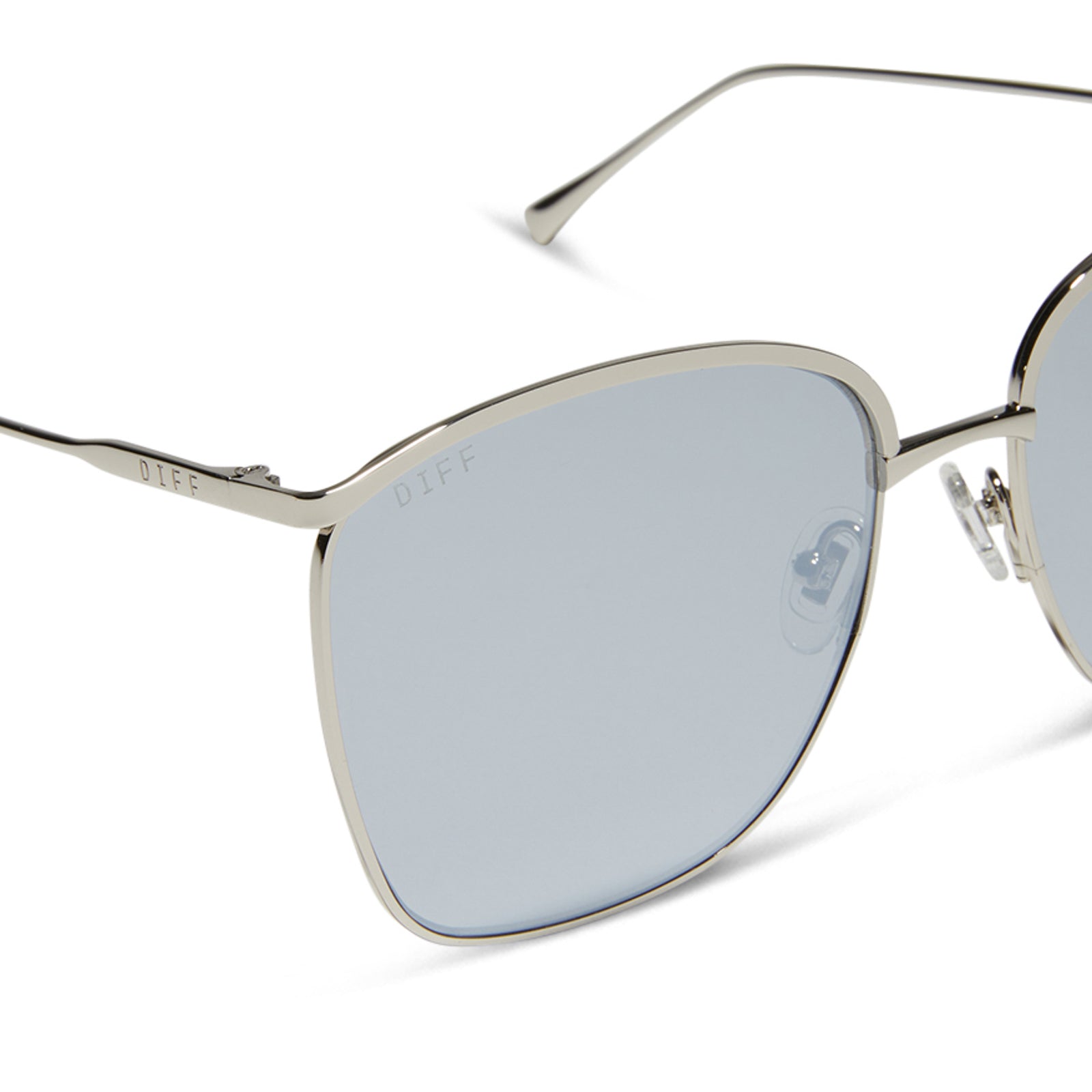 diff eyewear vittoria square oversized sunglasses with a silver metal frame and silver mirror lenses detailed view