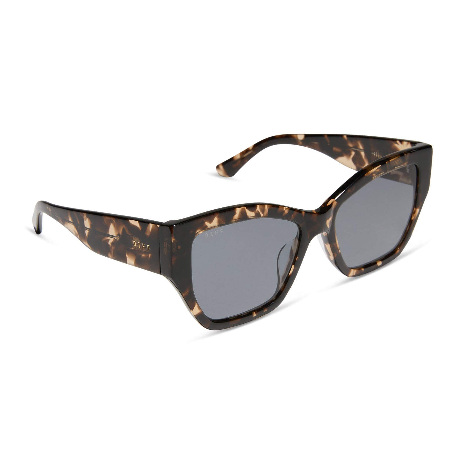 diff eyewear featuring the vivienne cat eye sunglasses with a espresso tortoise frame and grey polarized lenses angled view