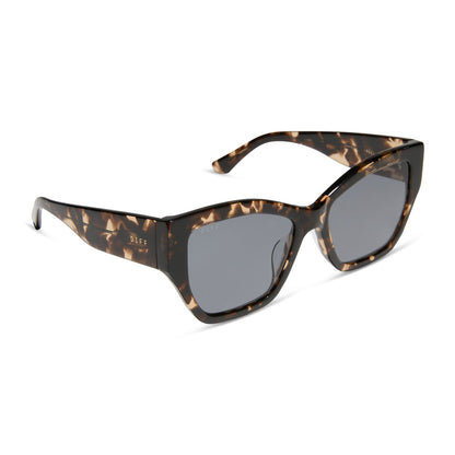 diff eyewear featuring the vivienne cat eye sunglasses with a espresso tortoise frame and grey polarized lenses angled view