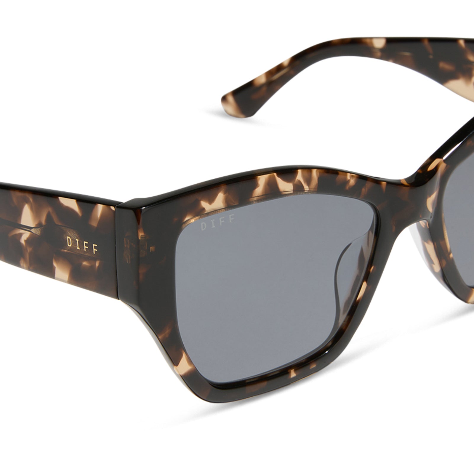 diff eyewear featuring the vivienne cat eye sunglasses with a espresso tortoise frame and grey polarized lenses detailed view