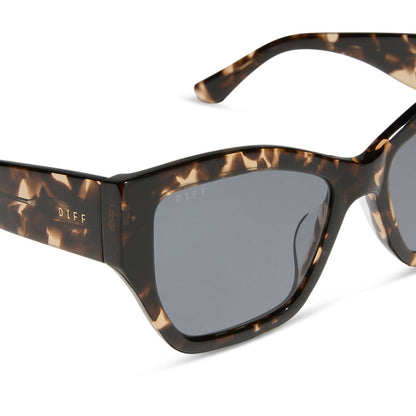 diff eyewear featuring the vivienne cat eye sunglasses with a espresso tortoise frame and grey polarized lenses detailed view