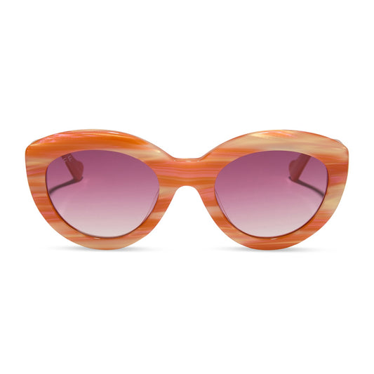 wednesday x diff eyewear featuring the enid sinclair cat eye sunglasses with a orange pink stripe frame and wine gradient lenses front view