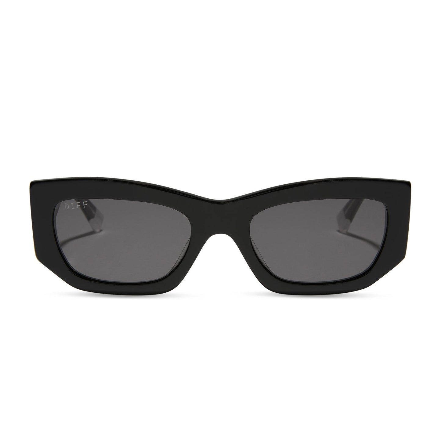 wednesday x diff eyewear featuring the wednesday addams cat eye sunglasses with a black frame and grey lenses front view