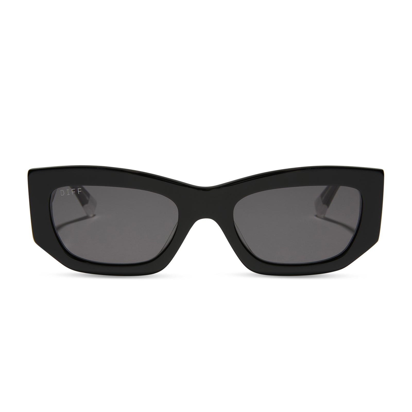 wednesday x diff eyewear featuring the wednesday addams cat eye sunglasses with a black frame and grey lenses front view