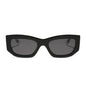 wednesday x diff eyewear featuring the wednesday addams cat eye sunglasses with a black frame and grey lenses front view