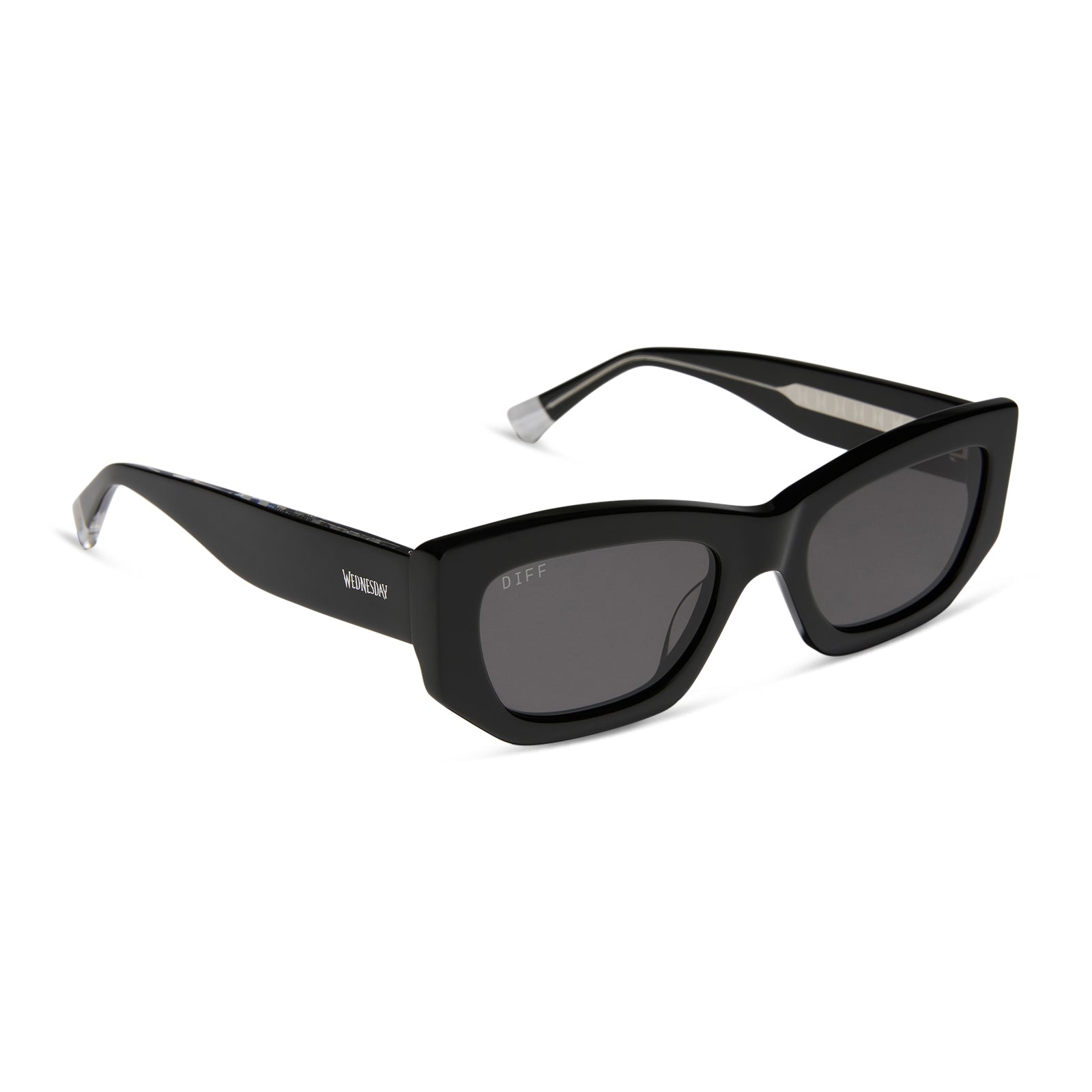wednesday x diff eyewear featuring the wednesday addams cat eye sunglasses with a black frame and grey lenses angled view