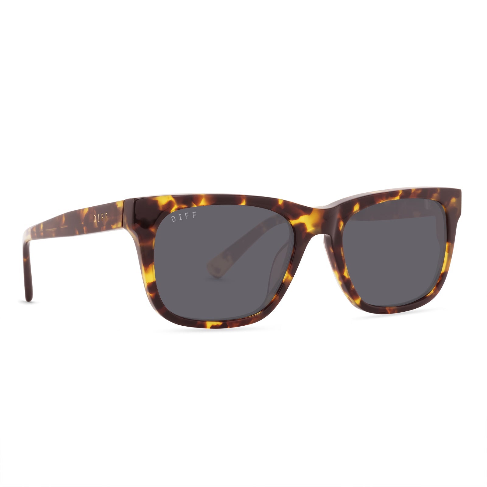 diff eyewear wesley square sunglasses in a amber tortoise frame and grey polarized lens angled view