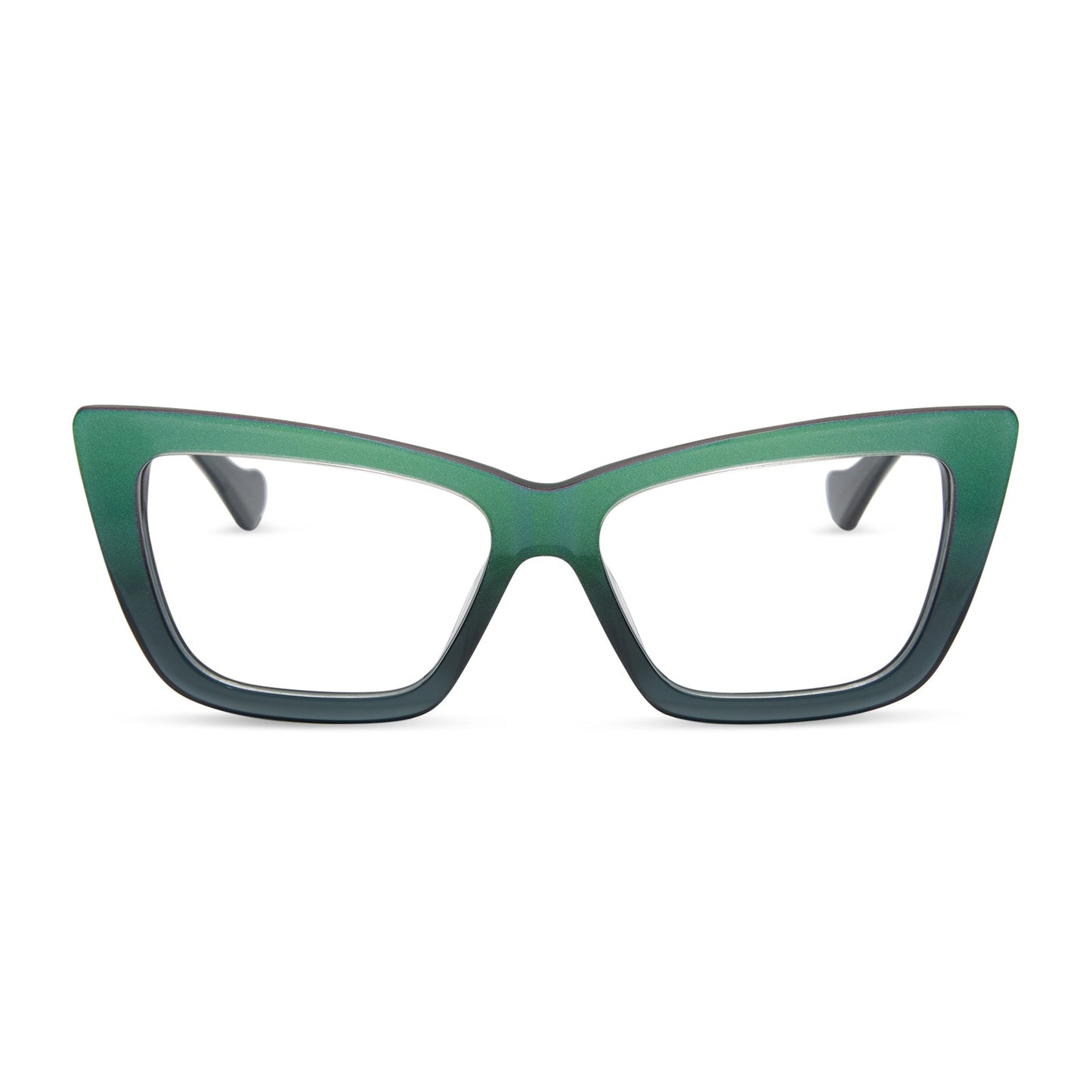 wicked x diff eyewear featuring the elphaba emerald square prescription glasses with a black green gradient frame front view