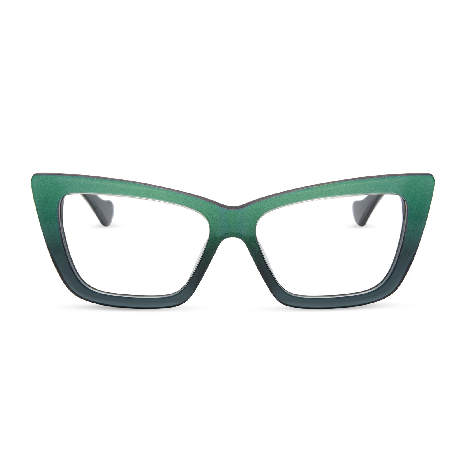 wicked x diff eyewear featuring the elphaba emerald square prescription glasses with a black green gradient frame front view