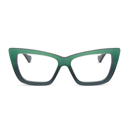 wicked x diff eyewear featuring the elphaba emerald square prescription glasses with a black green gradient frame front view