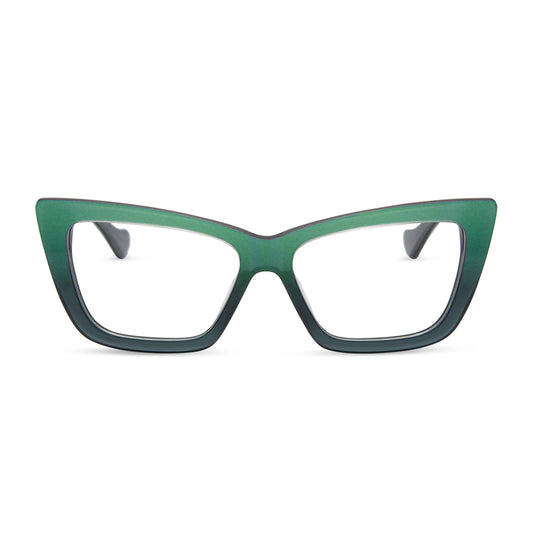 wicked x diff eyewear featuring the elphaba emerald square prescription glasses with a black green gradient frame front view
