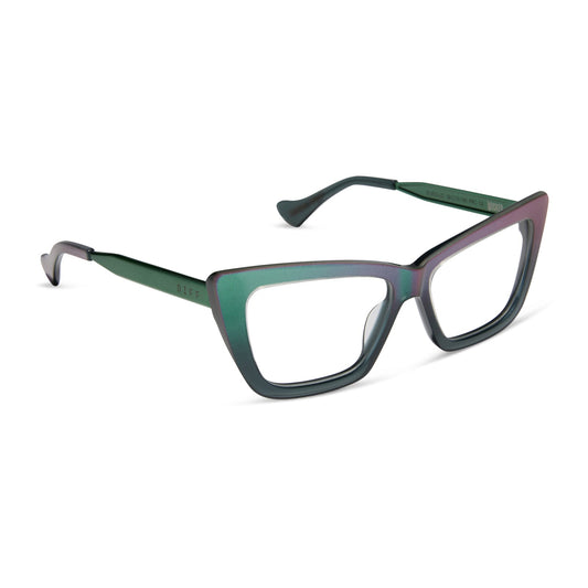 wicked x diff eyewear featuring the elphaba emerald square prescription glasses with a black green gradient frame angled view