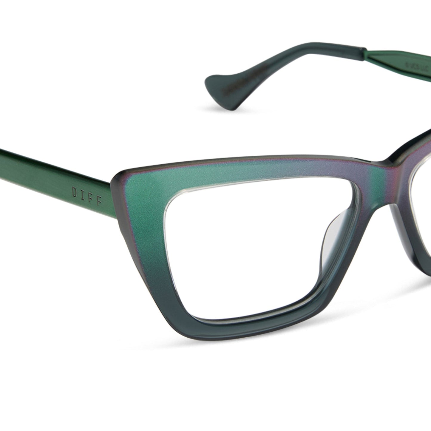 wicked x diff eyewear featuring the elphaba emerald square prescription glasses with a black green gradient frame detailed view