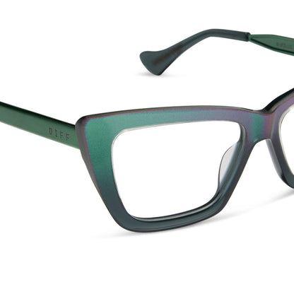 wicked x diff eyewear featuring the elphaba emerald square prescription glasses with a black green gradient frame detailed view