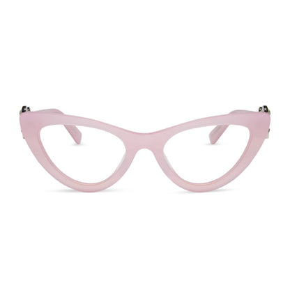 wicked x diff eyewear featuring the glinda upland for good cat eye prescription glasses with a pink frame front view