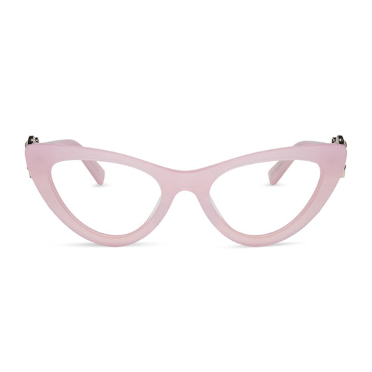 wicked x diff eyewear featuring the glinda upland for good cat eye prescription glasses with a pink frame front view