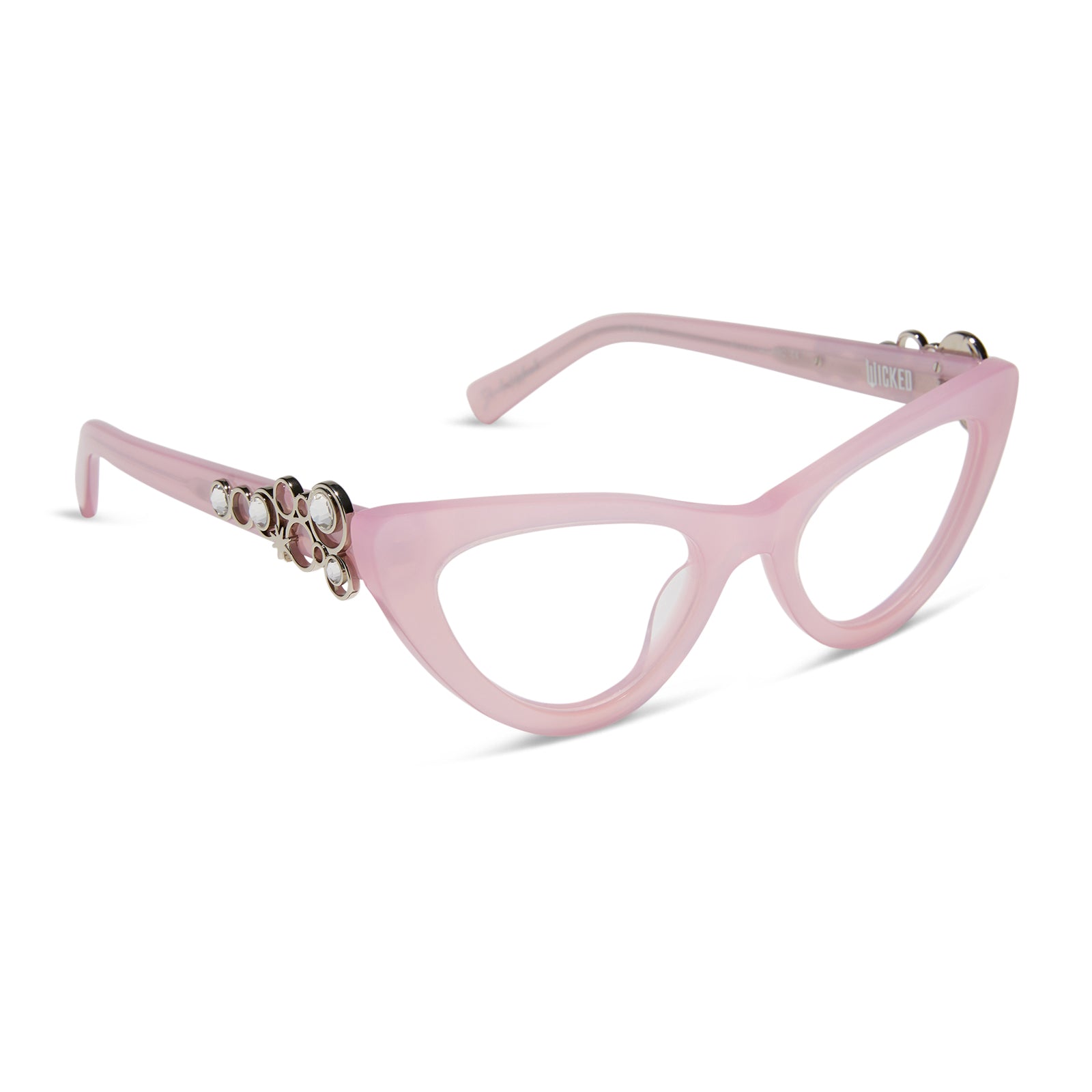 wicked x diff eyewear featuring the glinda upland for good cat eye prescription glasses with a pink frame angled view