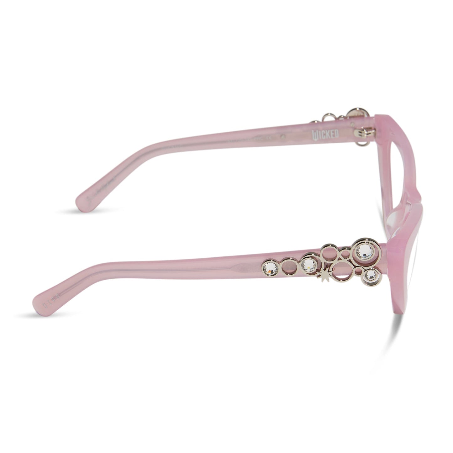 wicked x diff eyewear featuring the glinda upland for good cat eye prescription glasses with a pink frame side view