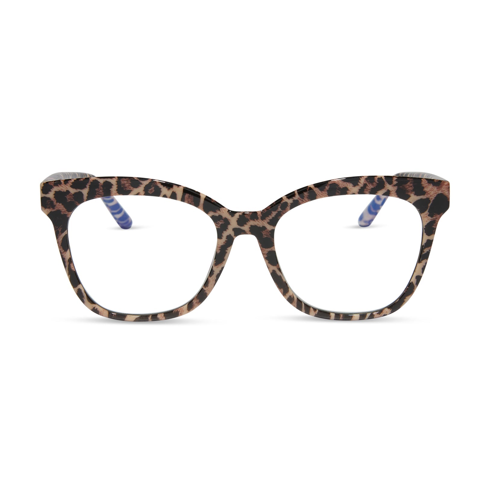 diff eyewear featuring the willa square blue light readers with a leopard tortoise frame front view