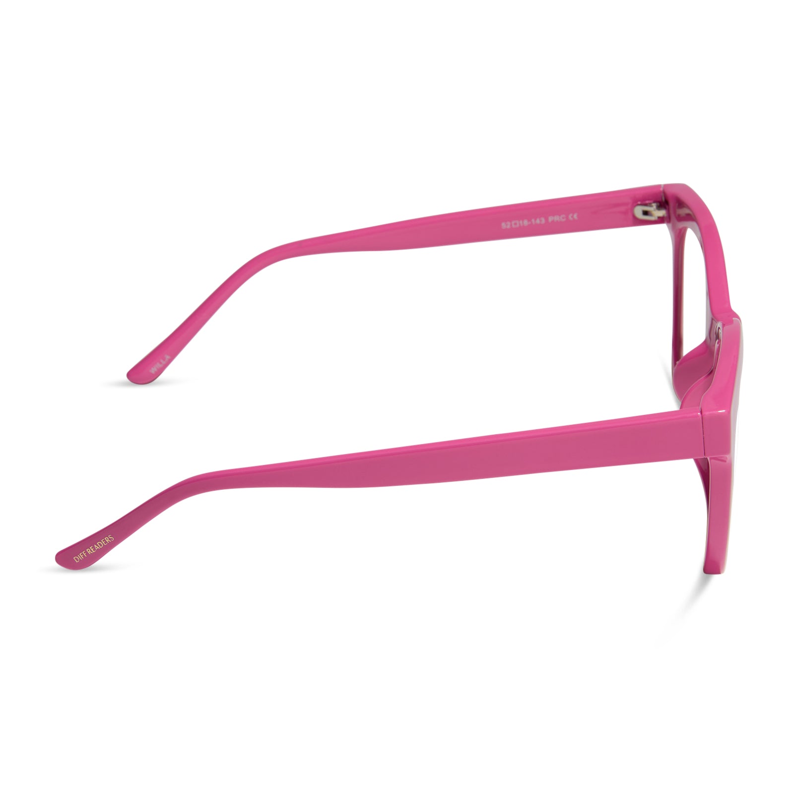 diff eyewear featuring the willa square blue light readers with a peony pink frame side view