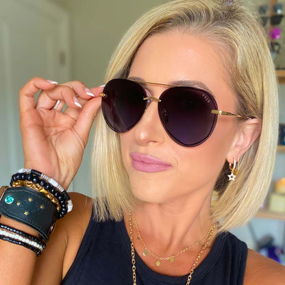 lifestyle - Kalee Rogers wearing the Lenox Gold with Blue Gradient Polarized Womens Aviator Sunglasses from DIFF Eyewear