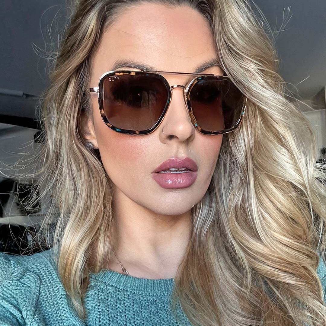 customer content - Musicmellie wearing the Jordan Confetti Tortoise womens navigator sunglasses by DIFF Eyewear