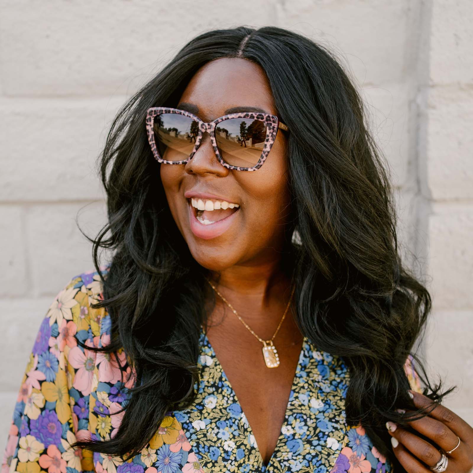 woman wearing the Becky II Leopard Tortoise and Grey Sunglasses for Women