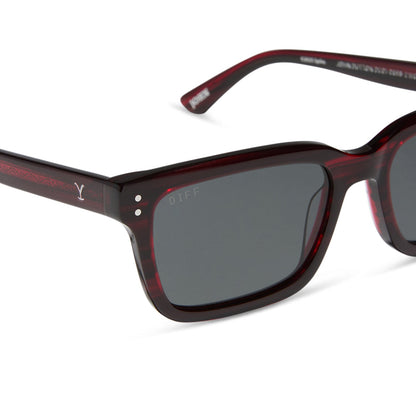 yellowstone x diff eyewear john dutton rectangular sunglasses with a redwood frame and grey polarized lenses detailed view