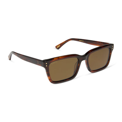 yellowstone x diff eyewear featuring the john dutton rectangle sunglasses with a sequoia tortoise frame and brown polarized lenses angled view