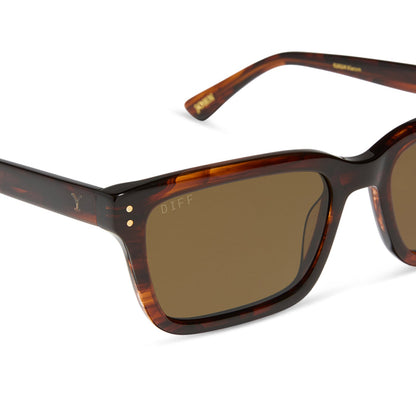 yellowstone x diff eyewear featuring the john dutton rectangle sunglasses with a sequoia tortoise frame and brown polarized lenses detailed view