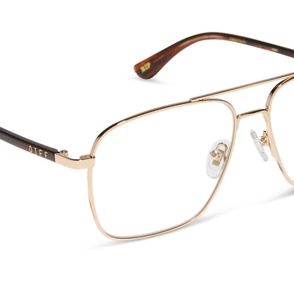 yellowstone x diff eyewear featuring the rip wheeler navigator prescription glasses with a gold frame detailed view