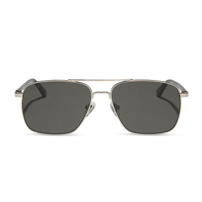 yellowstone x diff eyewear featuring the rip wheeler navigator sunglasses with a silver frame and grey polarized lenses front view