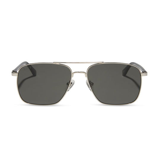 yellowstone x diff eyewear featuring the rip wheeler navigator sunglasses with a silver frame and grey polarized lenses front view