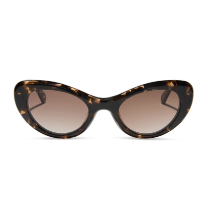 diff eyewear featuring the zaria cat eye sunglasses with a espresso tortoise frame and brown gradient lenses front view