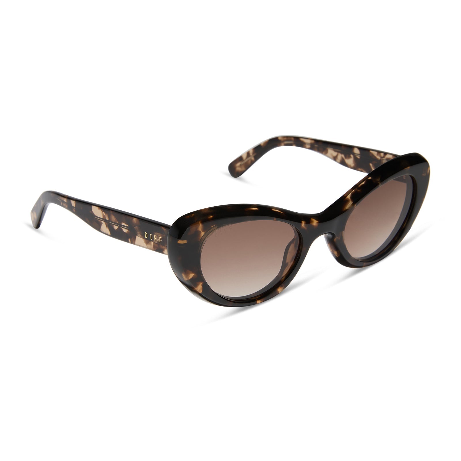 diff eyewear featuring the zaria cat eye sunglasses with a espresso tortoise frame and brown gradient lenses angled view