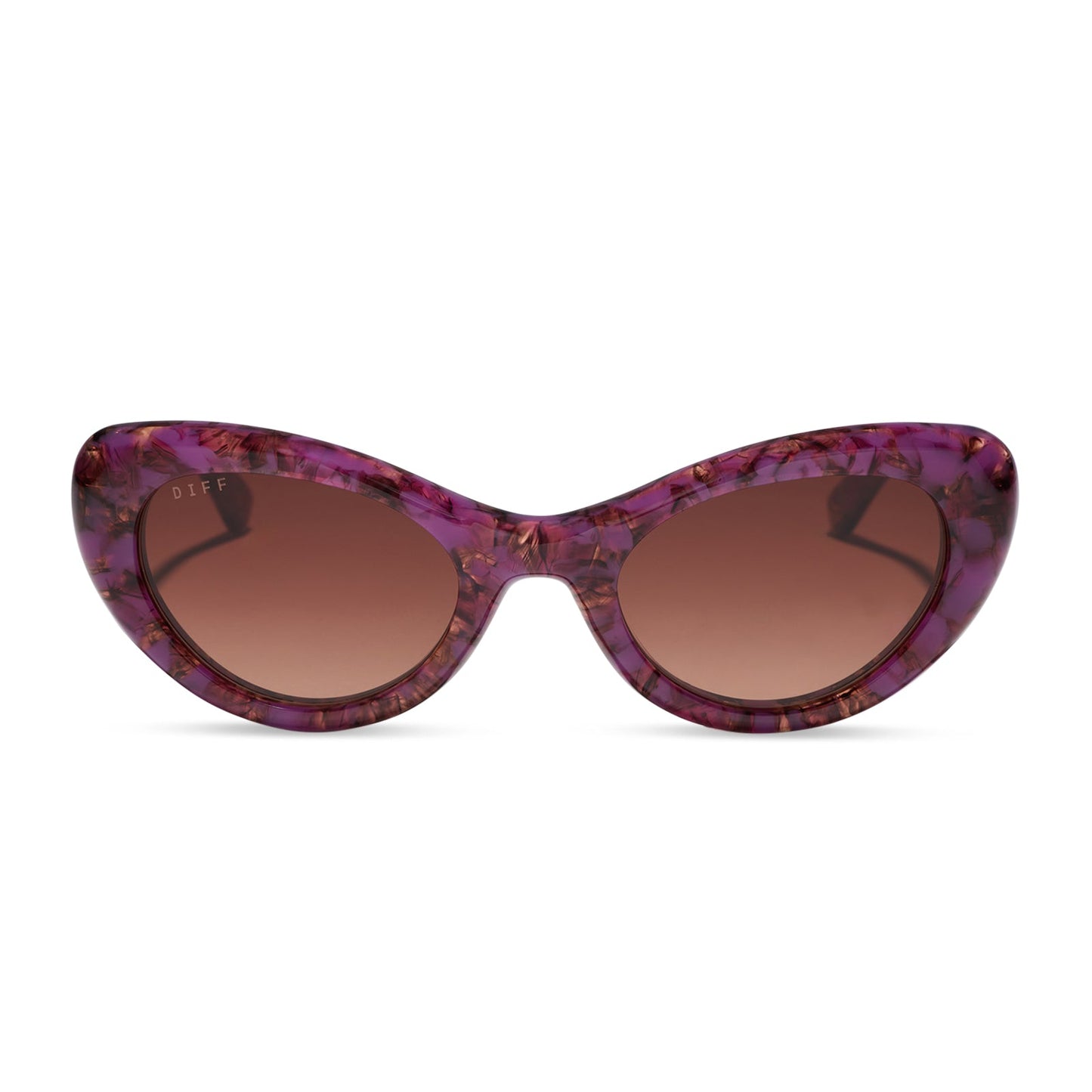 diff eyewear zaria cat eye sunglasses with a lavender haze purple tortoise acetate frame and brown gradient lenses front view