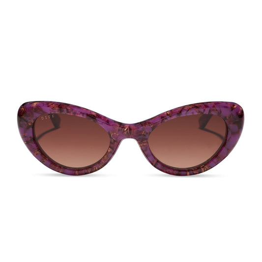 diff eyewear zaria cat eye sunglasses with a lavender haze purple tortoise acetate frame and brown gradient lenses front view