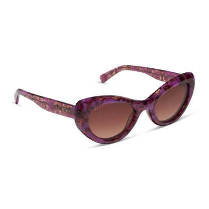 diff eyewear zaria cat eye sunglasses with a lavender haze purple tortoise acetate frame and brown gradient lenses angled view