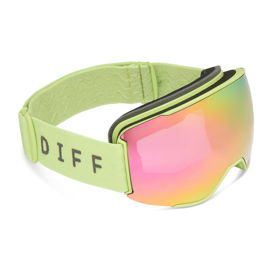 diff sport alpine goggles in lime green with hot pink mirror polarized lens angled view