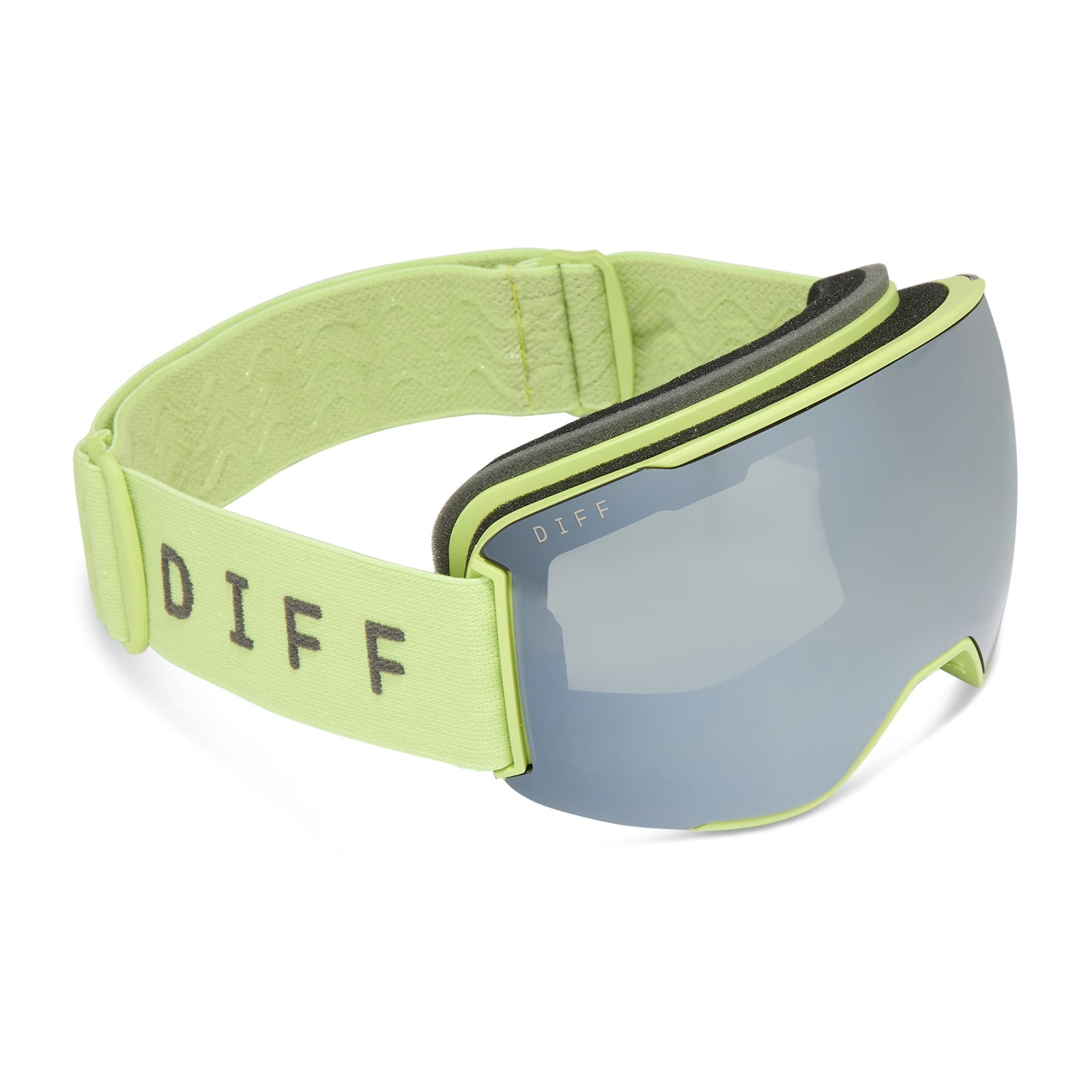 diff sport alpine goggles in lime green with silver mirror polarized lens angled view