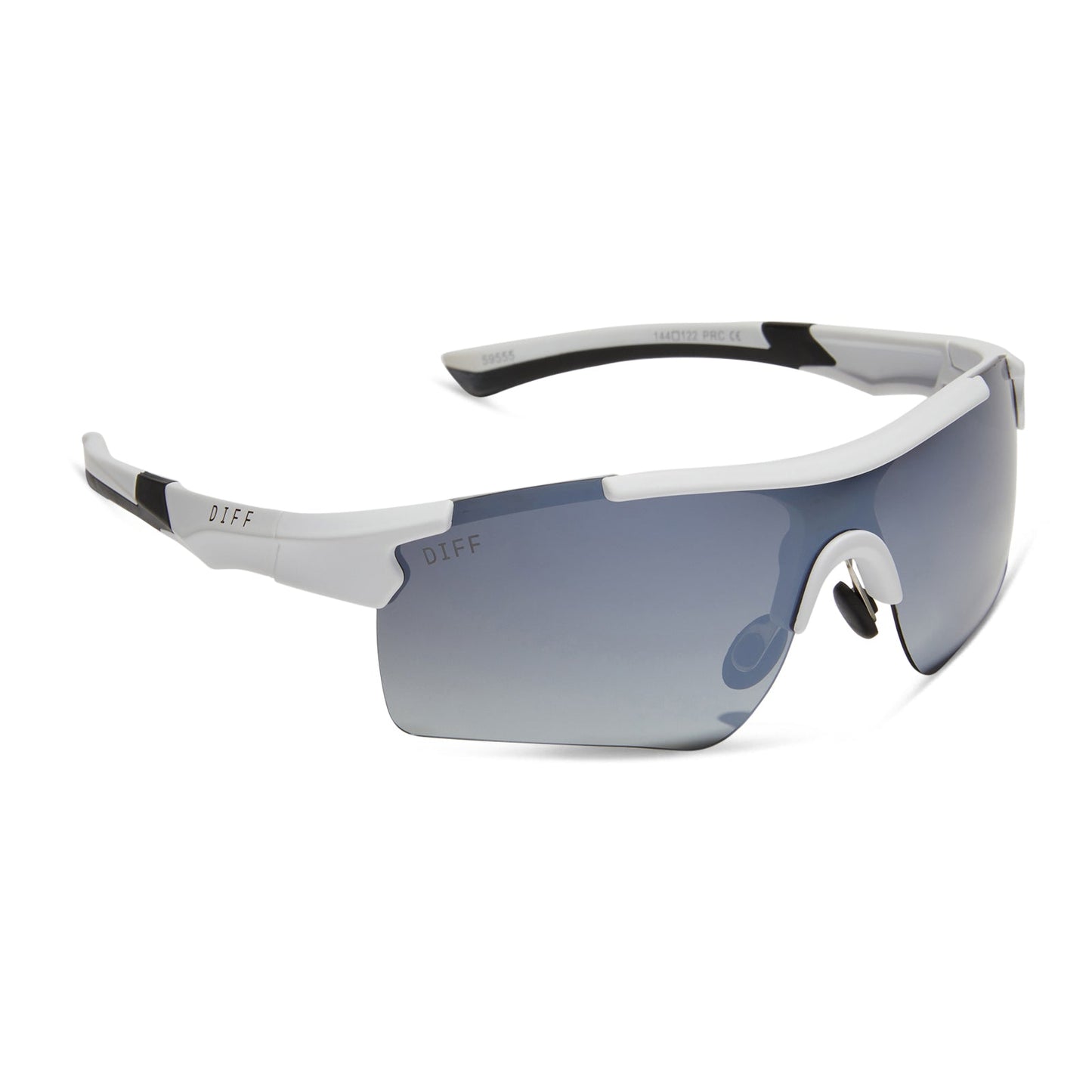 diff sport blitz shield sunglasses with a matte white frame and grey gradient with silver flash polarized lenses angled view