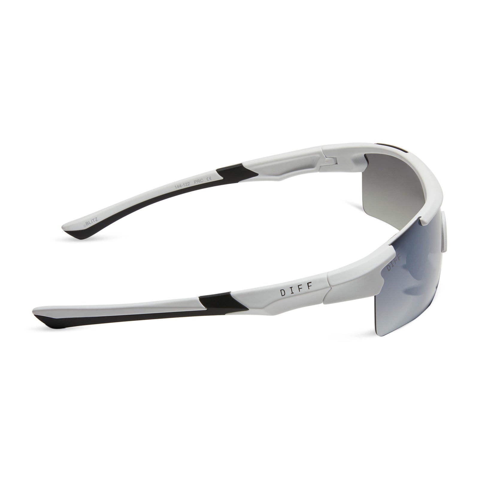 diff sport blitz shield sunglasses with a matte white frame and grey gradient with silver flash polarized lenses side view