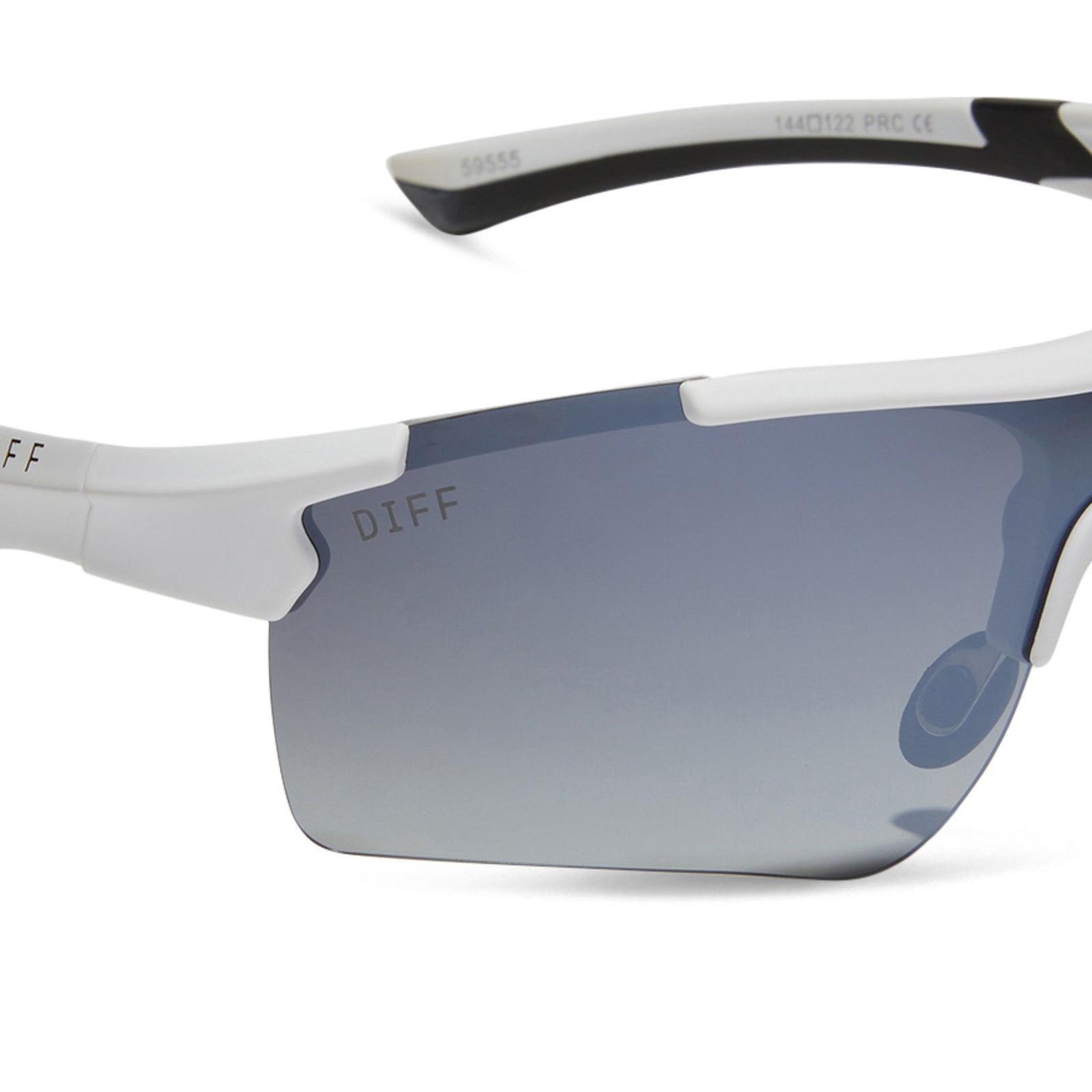 diff sport blitz shield sunglasses with a matte white frame and grey gradient with silver flash polarized lenses detailed view