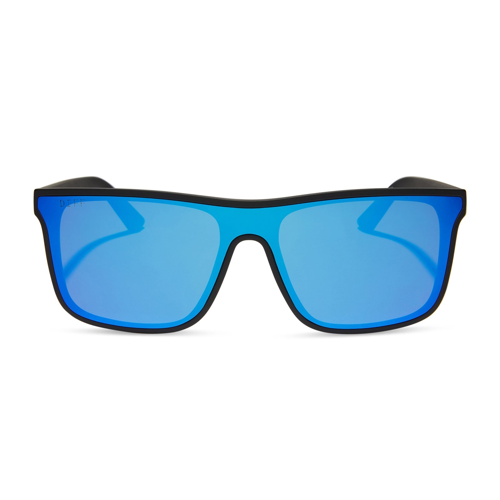 diff sport flash square sunglasses with a matte black frame and blue mirror polarized lenses front view