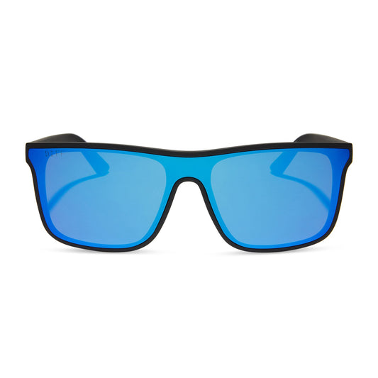 diff sport flash square sunglasses with a matte black frame and blue mirror polarized lenses front view