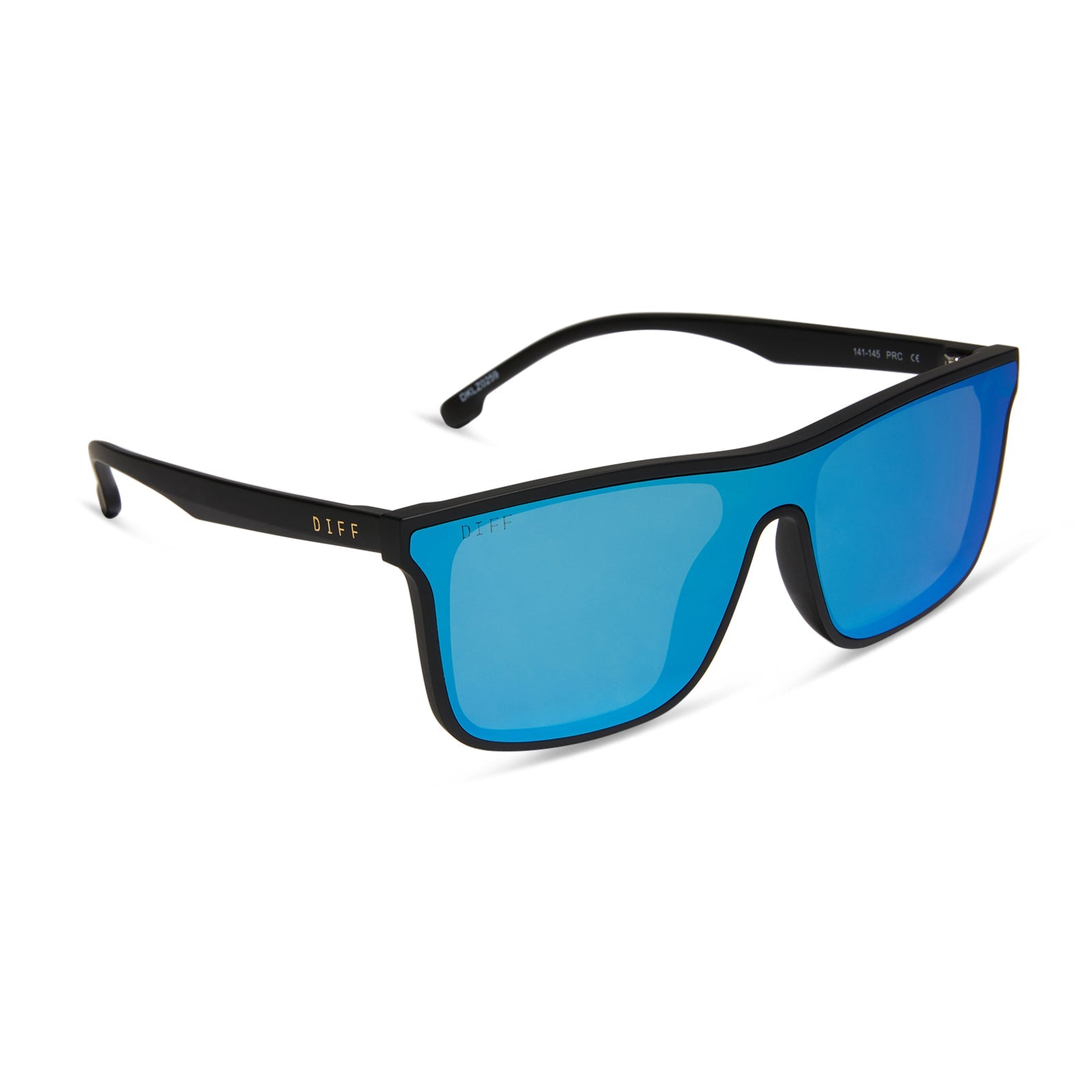 diff sport flash square sunglasses with a matte black frame and blue mirror polarized lenses angled view