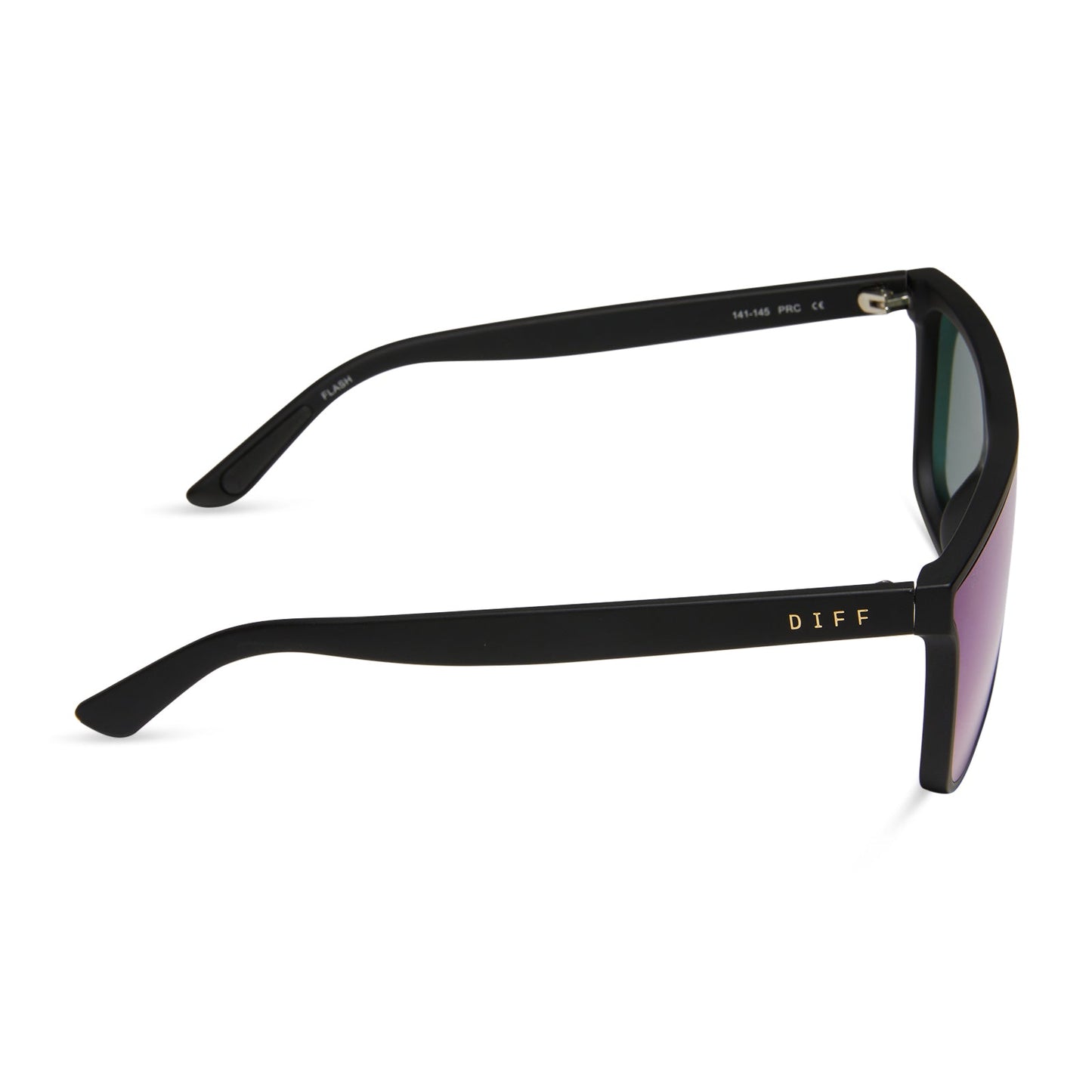 diff sport flash square sunglasses with a matte black frame and blue mirror polarized lenses side view