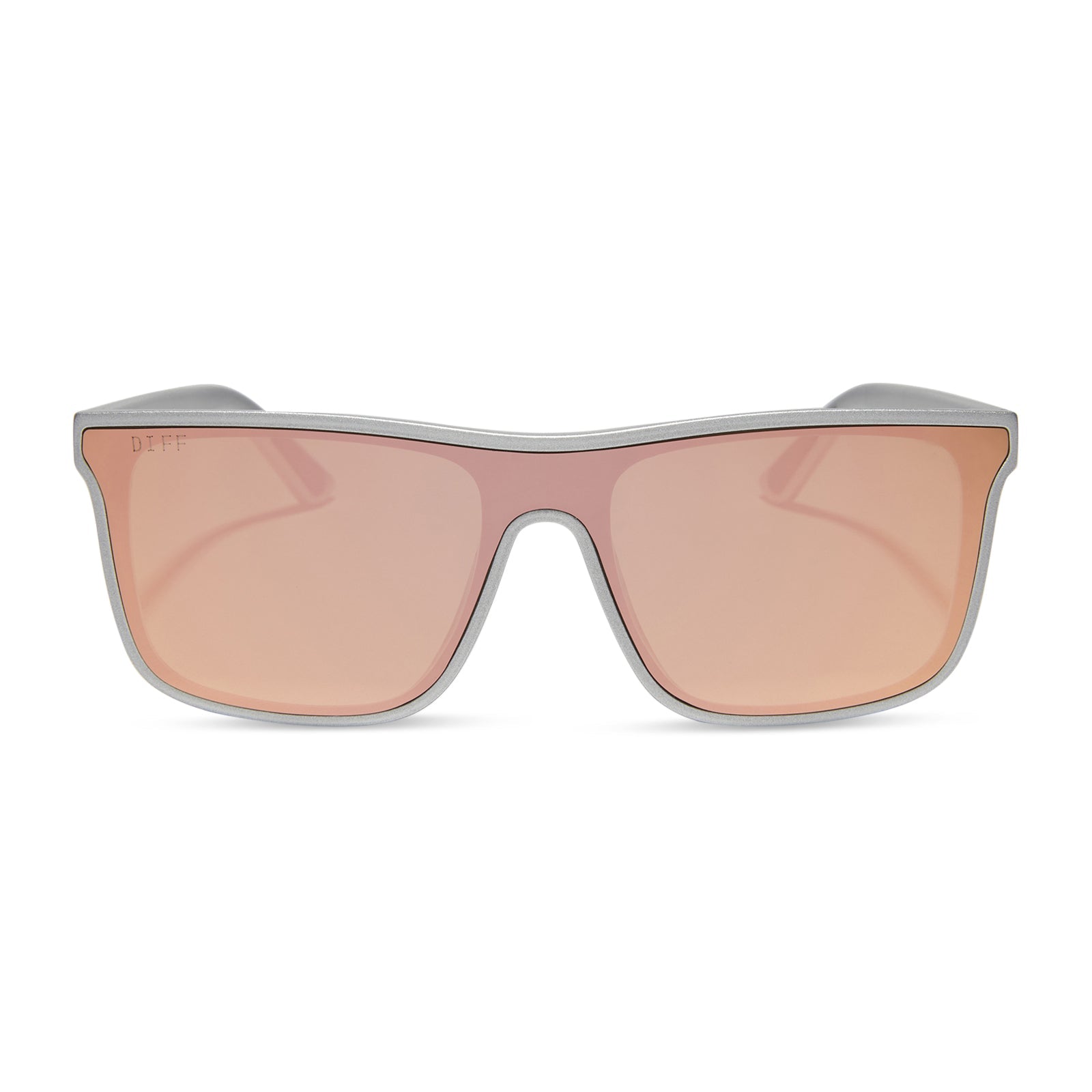 diff sport flash square sunglasses with a silver frame and peach mirror polarized lenses front view